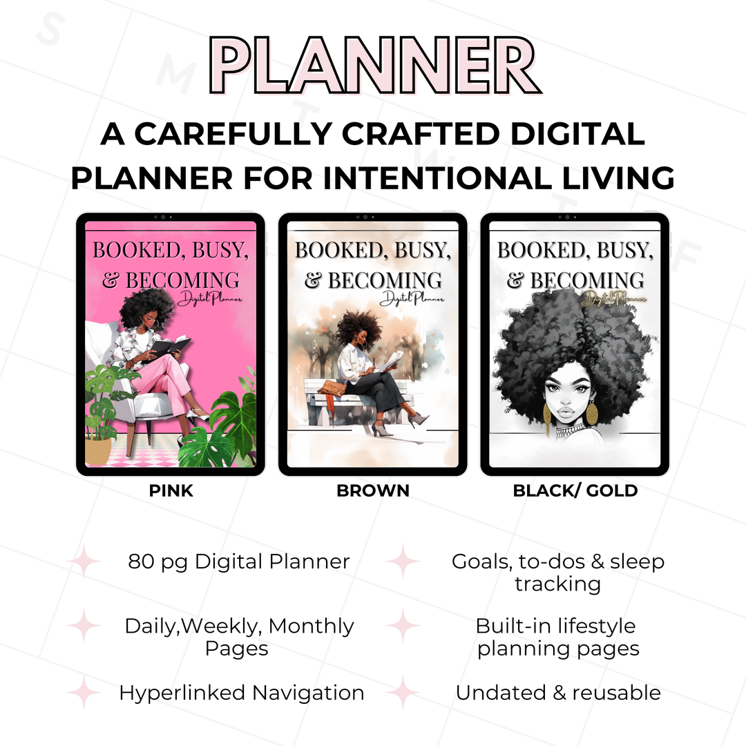 BOOKED, BUSY, AND BECOMING | DIGITAL PLANNER | BLK/ GOLD/ GRAY