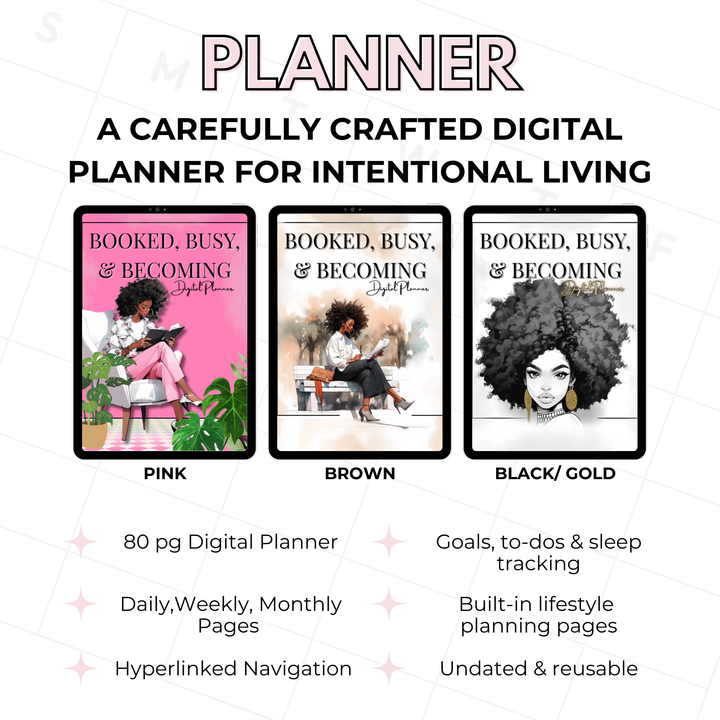 BOOKED, BUSY, AND BECOMING | DIGITAL PLANNER | BLK/ GOLD/ GRAY