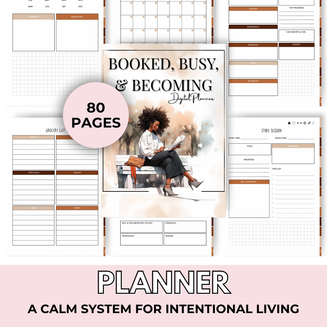 BOOKED, BUSY, AND BECOMING | DIGITAL PLANNER | BROWN