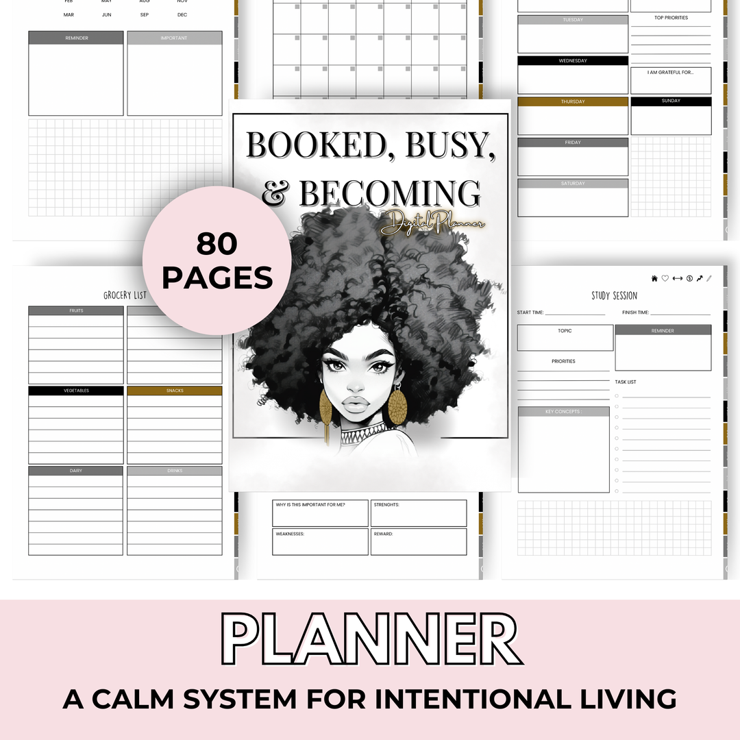 BOOKED, BUSY, AND BECOMING | DIGITAL PLANNER | BLK/ GOLD/ GRAY